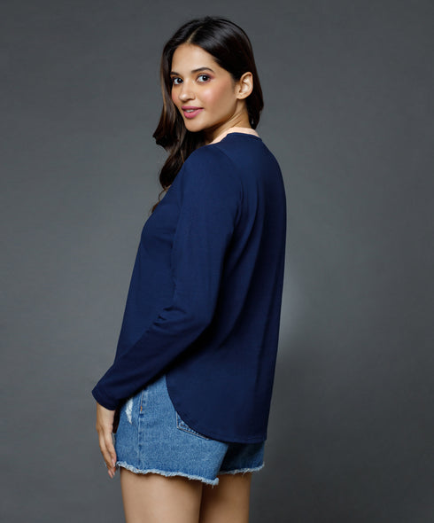 Long Sleeve Blue Crew Neck T-Shirt